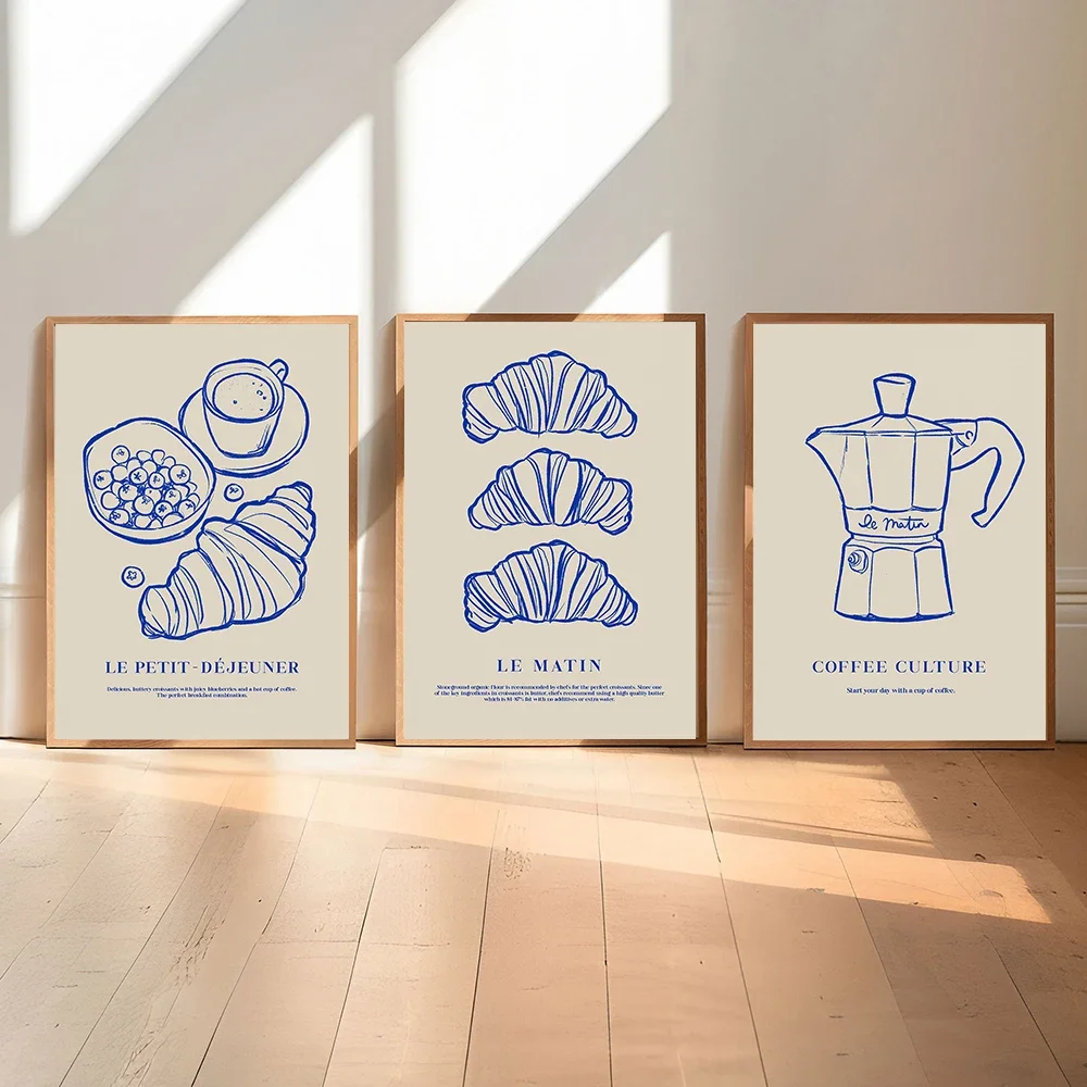 Impressions et affiches de cuisine rétro, Croissant café, images d'art murales, décor de cuisine Vintage, salle à manger, peinture sur toile