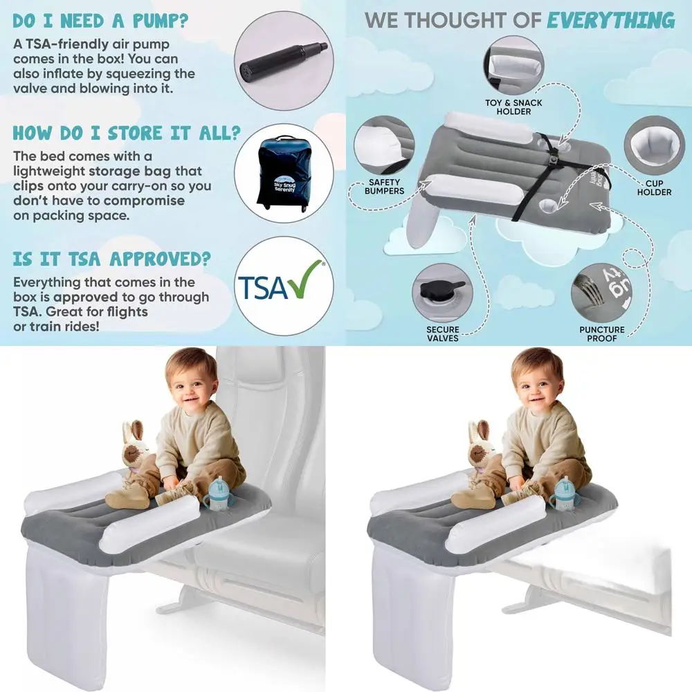 

Portable Toddler Airplane Bed with Safety Belt, Travel Bag, Air Pump, Fast Inflation, Cup Holder, Safety Bumper, and Seat Extend