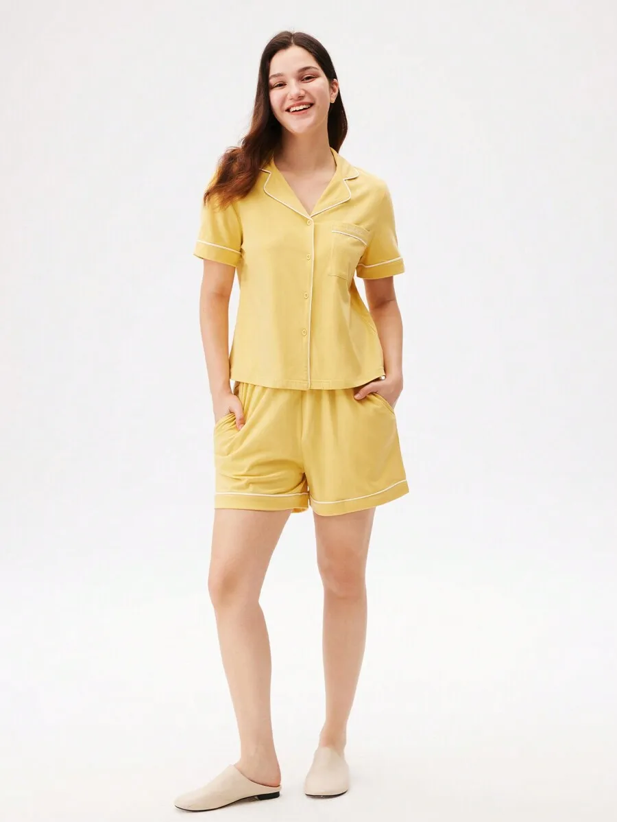 

Yellow 100% Cotton Contrast Trim Short Sleeve Button Up Pajama Set For Women With Pockets