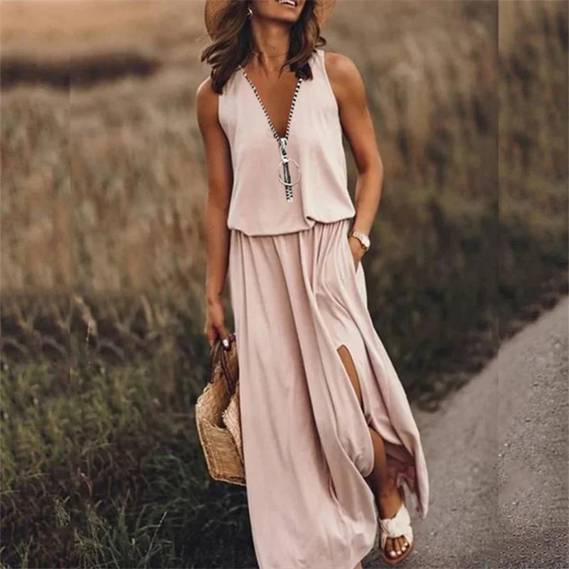 Fashion Deep V Neck Zipper Splicing Dresses Women Alphabet Prints Skinny Waist Sleeveless Dress Female Commuter Casual Gown 2024