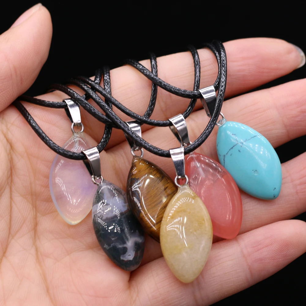 40cm Natural Hors Eye Shape Turquoise Tiger Eye Agates Clear Quartzs Stone Pendant Necklace for Women Jewelry Gift Size 13x28mm