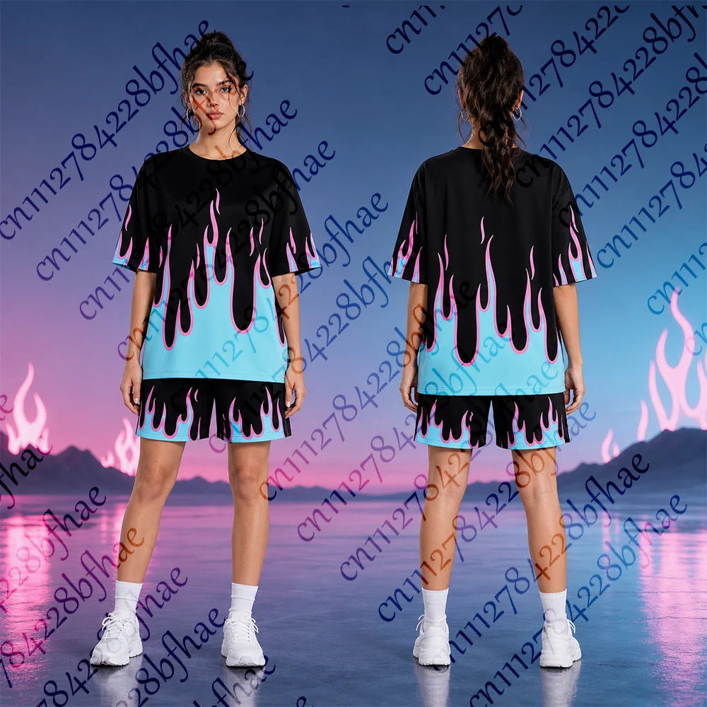 Unisex Colorful Flame Gradient Tracksuit Breathable Set Shirts And Shorts Harajuku Outfits for Men Women Children Gradient Suits