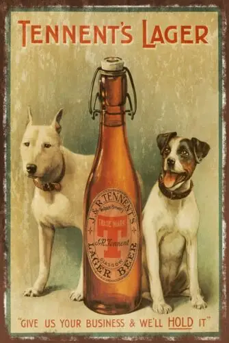 Tennent's Lager Beer & Dogs Advert Aged Look Vintage Retro Style Metal Sign pub sign