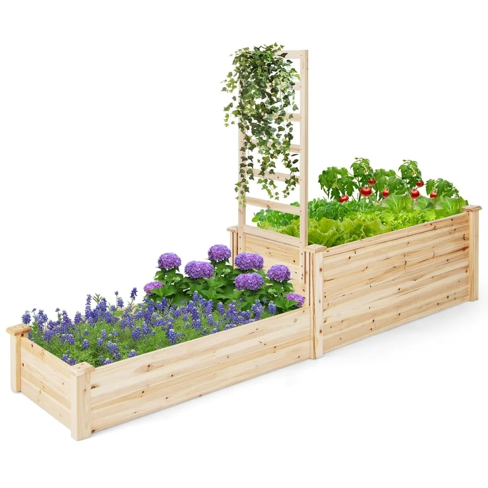 

Raised Garden Bed with Trellis, Set of 2 Wood Shallow & Deep Planter Box, Customized