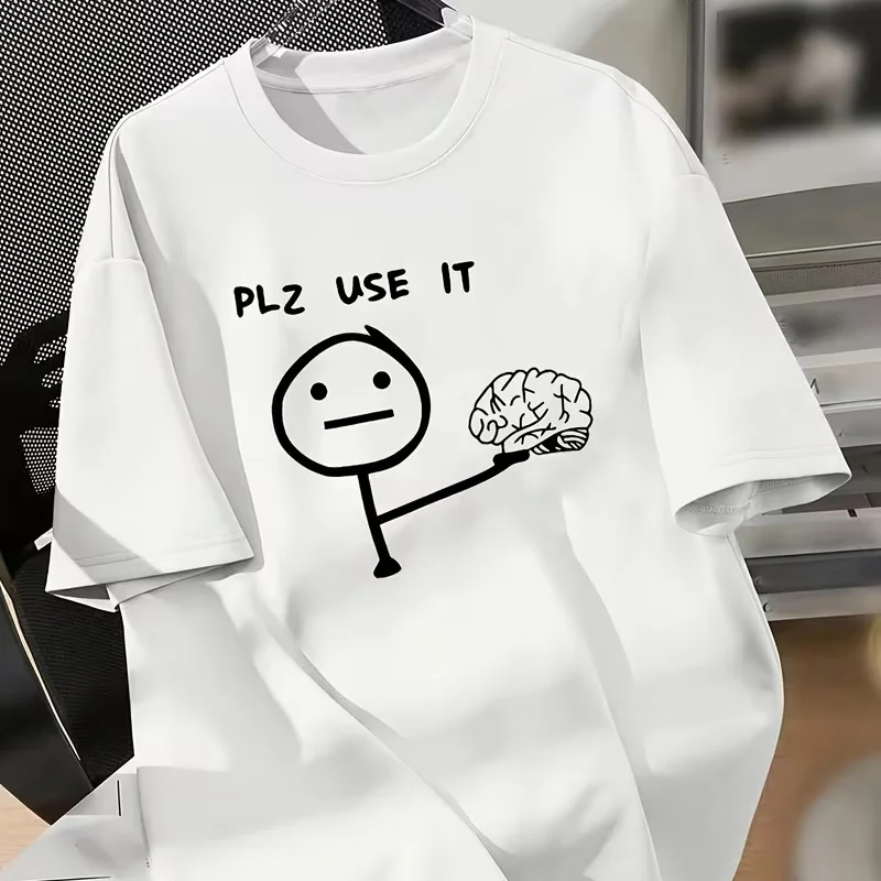 Funny Illustration Brain T-Shirt Humorous Stick Figure Brain Graphic Print Short Sleeve Tee Trendy Minimalist Streetwear Top