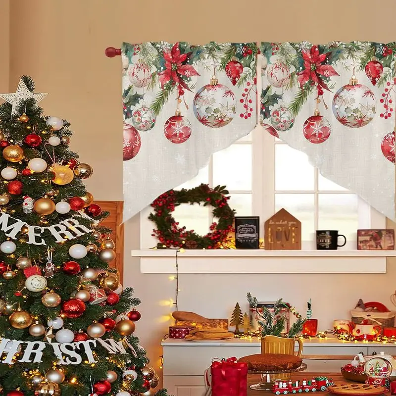 VIKAMA Christmas Swag Curtain Watercolor Poinsettia Bauble Pine Print Triangle Valance For Kitchen Window Living Room Decor