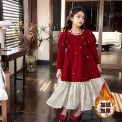 2026 spring winter Europe retro Kids girl clothes red pearl splicing princess Dresses teenager Corduroy 4 5 6 8 9 10 11 12 year