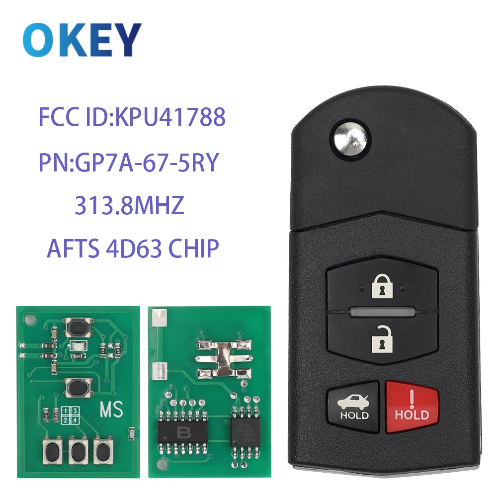 Okey Remote Car Key 313.8MHz 4D63 Chip FSK KPU41788 For Mazda 6 Sedan RX-8 2005 2006 2007 2008 Flip Key 3 4Buttons
