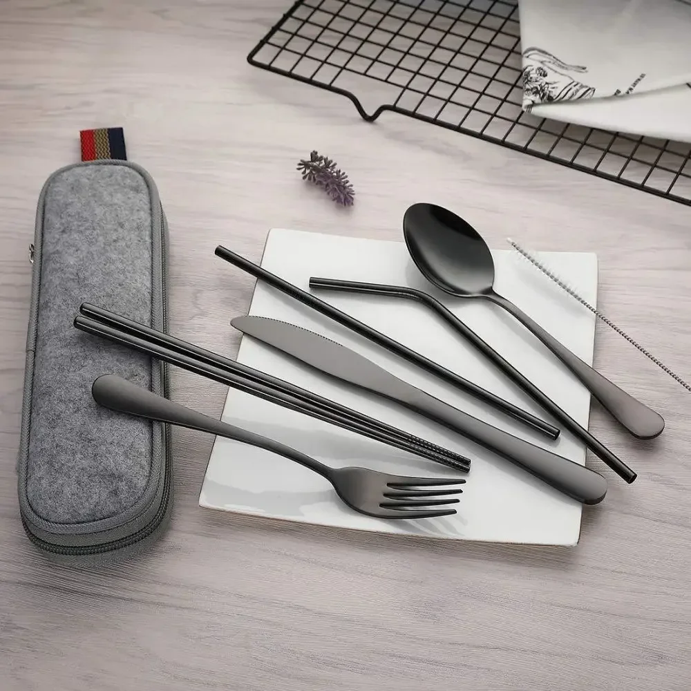 Aço inoxidável talheres Combo Set, faca criativa, garfo, colher, pauzinhos, palha de viagem, portátil, reutilizável, 7pcs