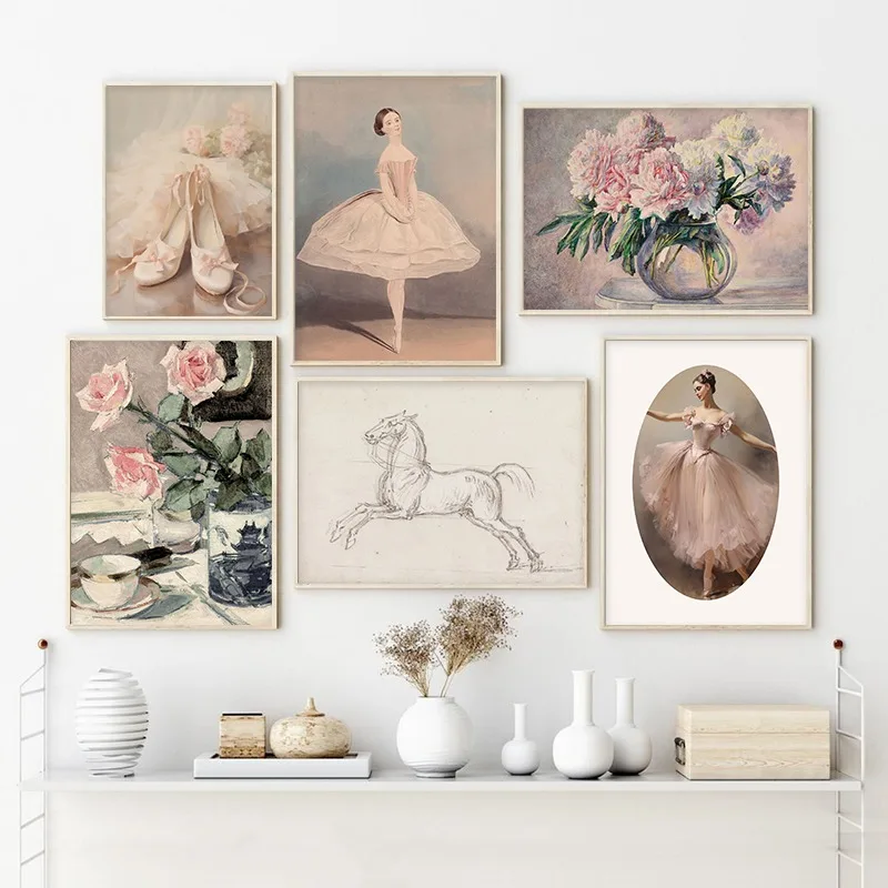 Girl Ballet Art Pink Vintage Nursery Poster Flower Horse Play Piano Prints Canvas Painting Wall Picture Living Room Home Decor