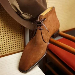 Cowboy Boots for Men Coffee Brown Flock Lace Up Business Shoes for Men with  Ankle Boots