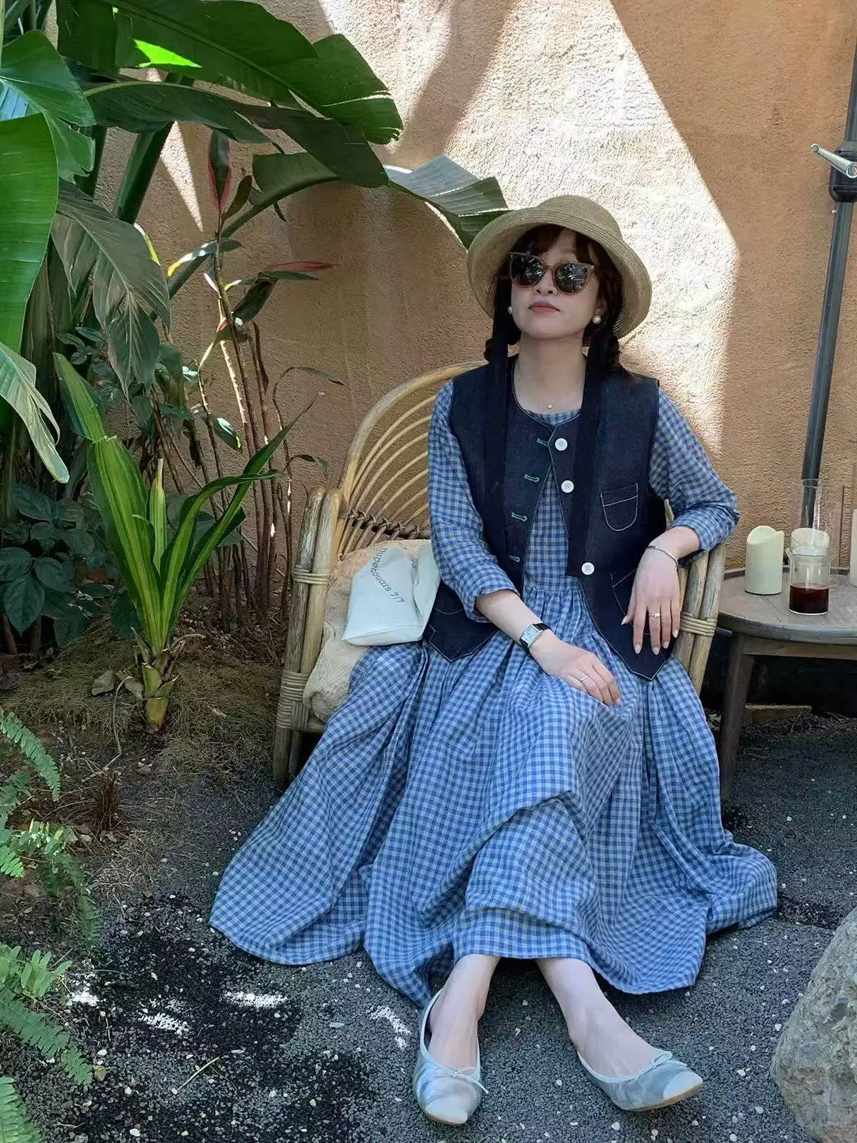

Casual Long Dr Blue Plaid A-Line Skirt round Ne Loose Fit Long Sve Women's Ci Commute Spring Season Faion Sle