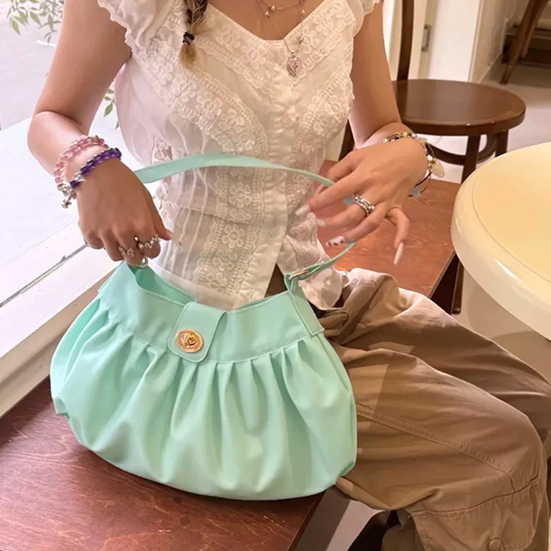 Candy Color Pleated Cloud Shoulder Bag Korean Fashion Mint Green Handbag Retro Casual Versatile Tote Bags Commuter Underarm Bag