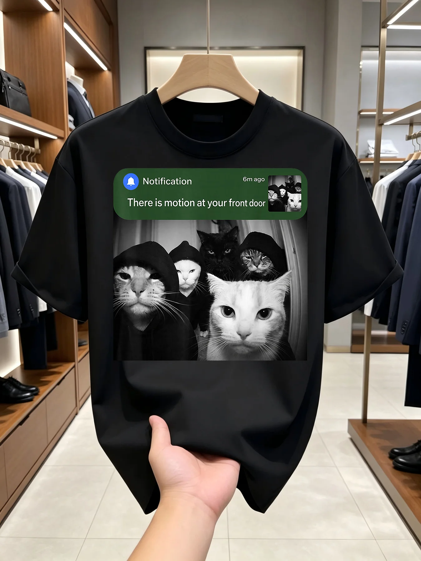 Fun Cat Meme T-Shirt - Humorous Print Your Front Door Is Moving, Unisex Casual Round Neck Tee, Sizes S-XXL, , Ideal for Year-Round Wear And Meme Parties