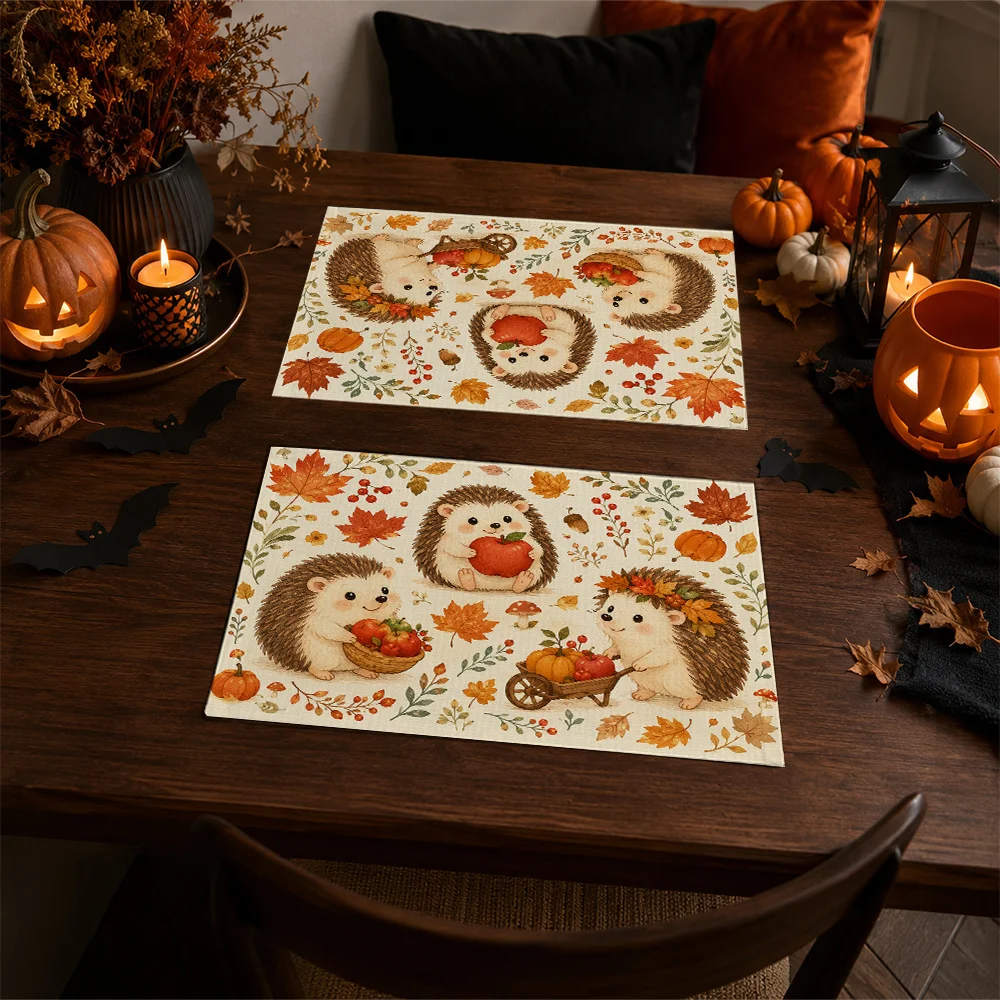 Hedgehogs With Autumn Elements Pattern Placemats Rectangular Made Of Polyester For Home Decor Party Supplies Fall Decorations A