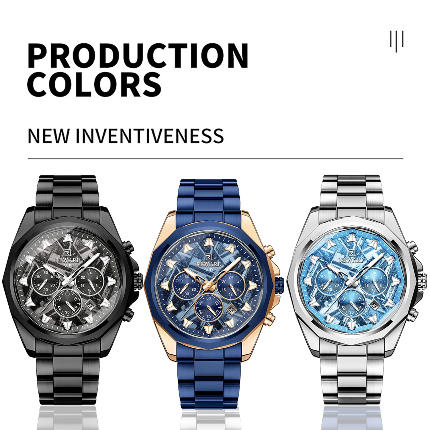 REWARD Ice Blue Quartz Watches for Men Waterproof Luminous Chronograph Watch Stainless Steel reloj hombre