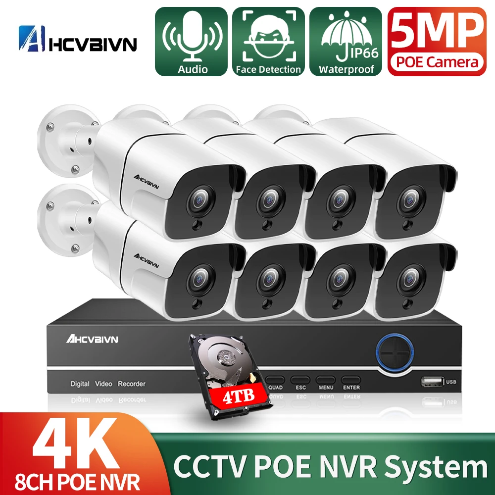 8CH 5MP POE Security Protection Camera System XMeye POE NVR Outdoor Waterproof IP Camera Audio Home Video Surveillance Kit P2P