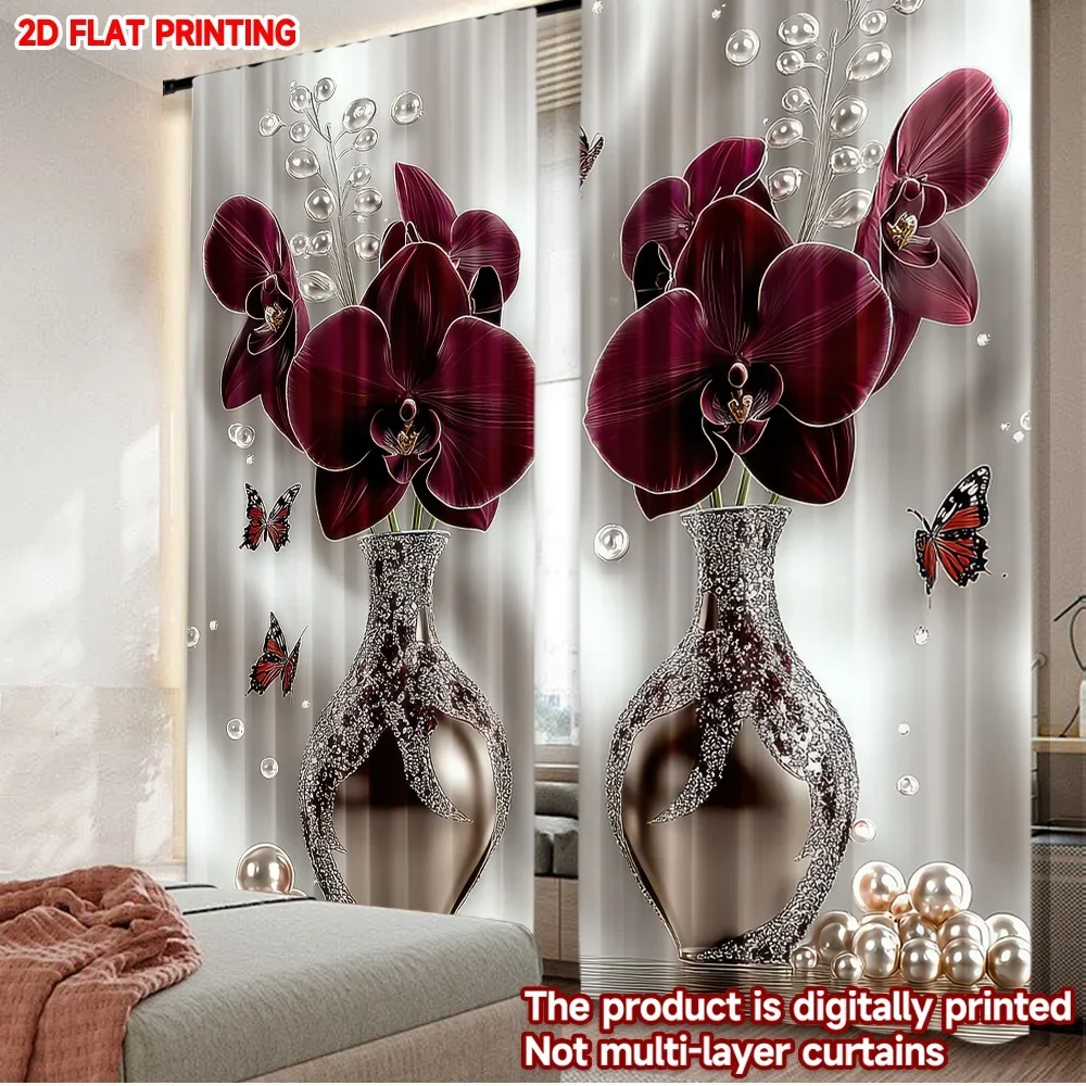 2pcs Orchid in Crystal Vase Curtains, Deep Purple Flowers with Glitter Bubbles Butterflies for Elegant Bedroom Decor