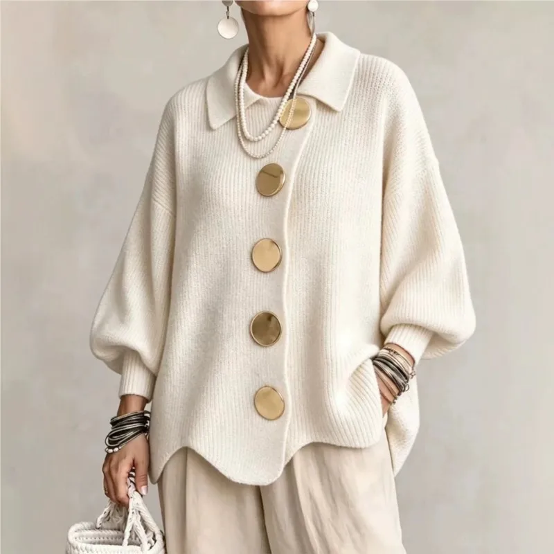 Casual Knit Sweater Cardigan Coat Winter Women Lapel Collar Big Buttons Lantern Sleeve Solid Irregular Hem Daily Street Coat