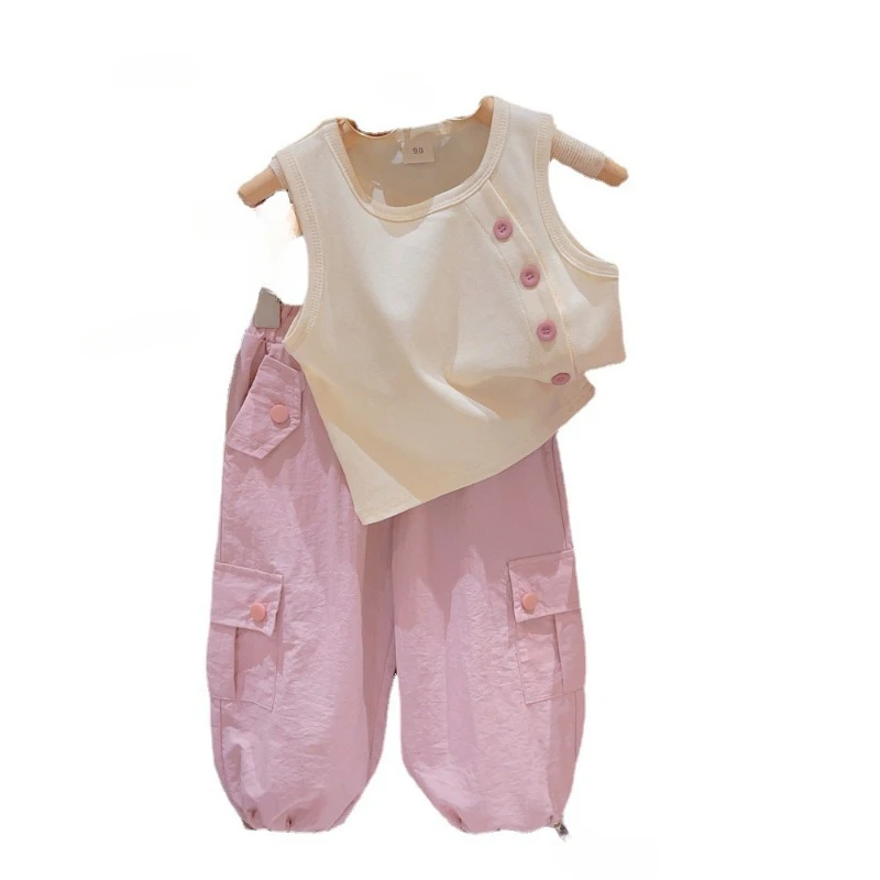 Girls Suit Summer New Girls Solid Color Vest + Cargo Pants Two-piece Set Kids Clothes Girl Clothes