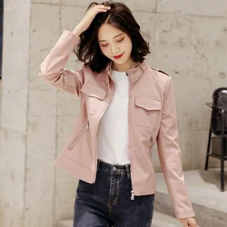 Chaqueta de cuero Rosa elegante para mujer, abrigo de piel de oveja corta y entallada con cuello levantado, prendas de vestir exteriores de motorista