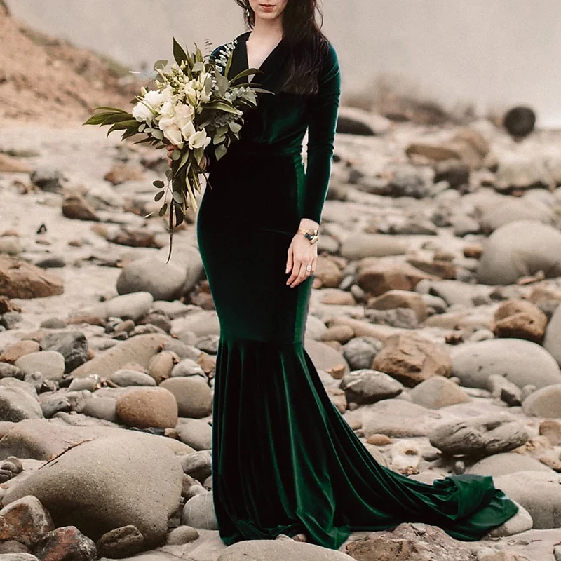 

Dark Green Arabic Evening Dresses 2022 for Women Party Long Sleeve V Neck Velvet Formal Prom Gown Avondjurk Vestiddos De Feast