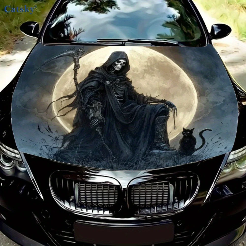 

Grim Reaper and Black Cat Under the Moon Car hood packaging sticker, PVC material, self-adhesive waterproof, anti-slip paint, ca