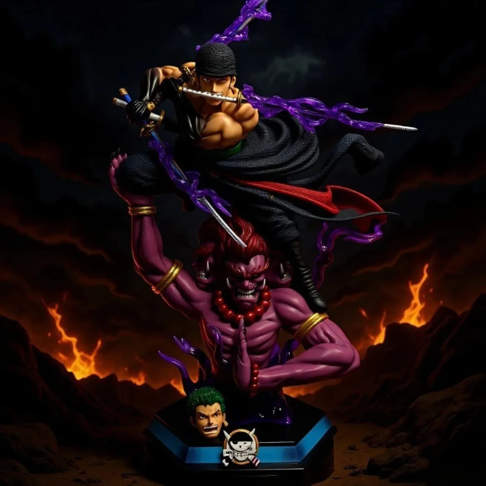 Figura de PVC de One Piece Roronoa Zoro Asura GK, modelo de pantalla de luz LED estática de 40cm, cabeza intercambiable, juguetes coleccionables, estatua de regalo