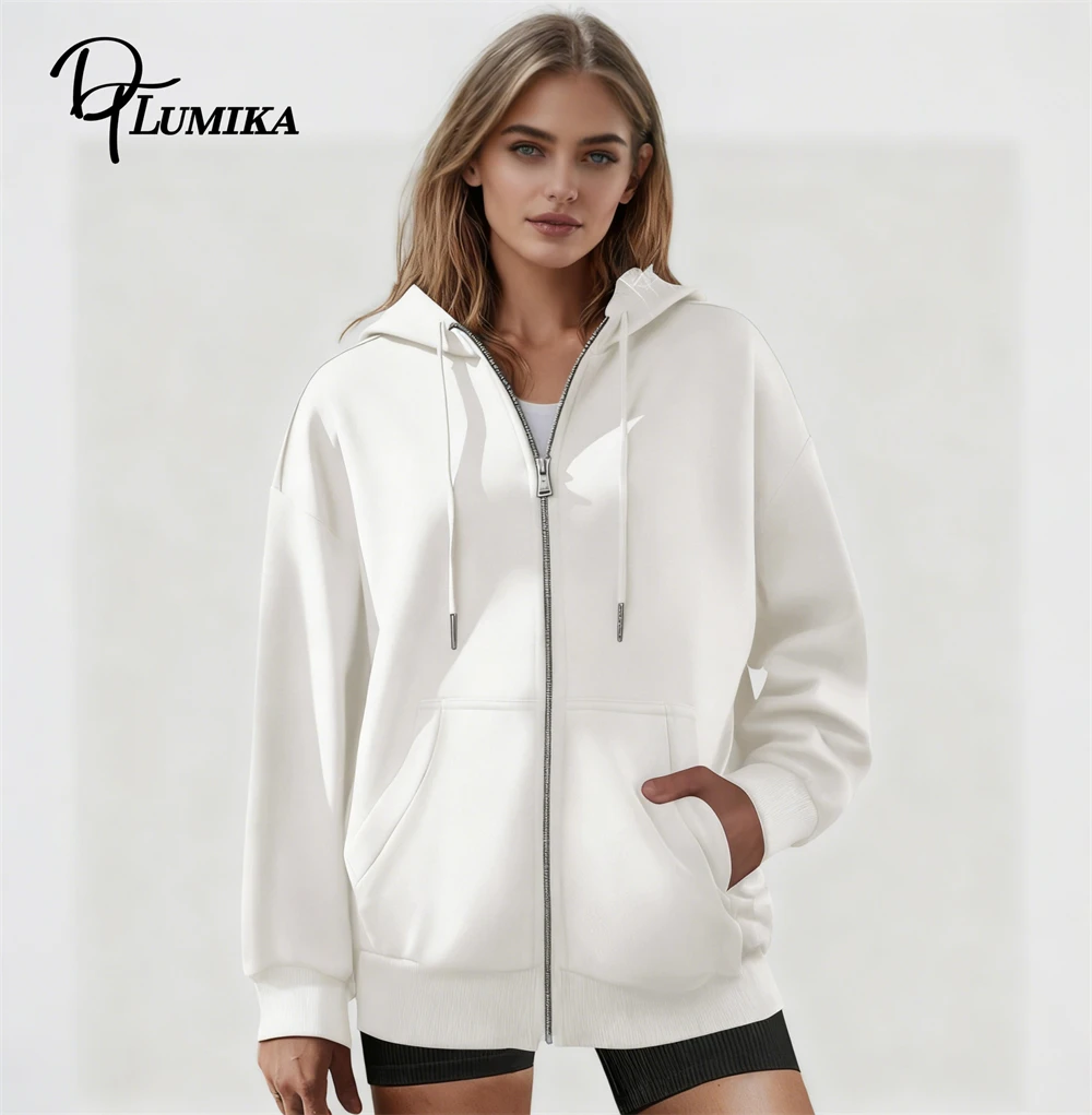 

DTLumika 2025 Autumn New Women's White Zip - Up Hoodie Stylish & Comfy Trendy Casual White Long Sleeve Sweatshirt with Pockets