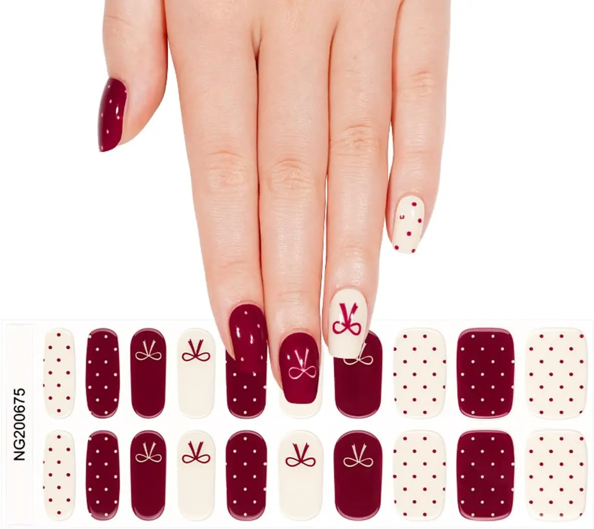 شرائط أظافر جل شبه معالجة من Polka Dot - 20 قطعة باللون العنابي مع فيونكة، أغطية طويلة الأمد على طراز الصالون، تتضمن ملف وعصا - UV/LED L