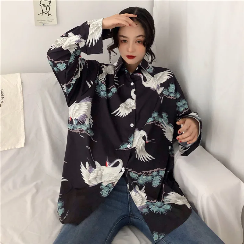 Chinese Style Women Blouses 2024 Spring Summer Shirts Long Sleeve Harajuku Vintage Chic Crane Printed Blusas Daily Streetwear