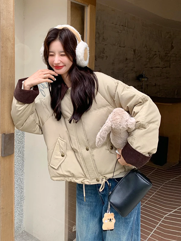 Veste d'hiver en duvet pour femme i Color Blo ort, style décontracté, petite taille, vêtement d'extérieur à cordon, blanc, duvet chaud