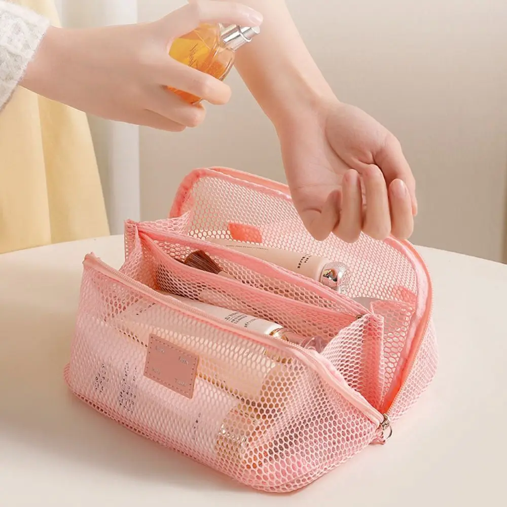 Convenient Solid Color Mesh Cosmetic Bag Lightweight Transparent Makeup Pouch Visibility Handheld Cosmetic Organizer Office