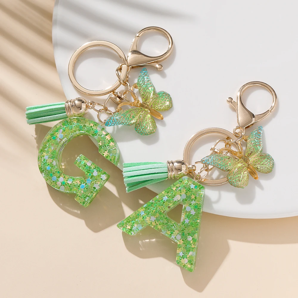 

1pc Cute Color Initial Letter A-Z Resin Green Butterfly Lobster Key Ring Key Chains DIY Crafts Jewelry Making Gifts