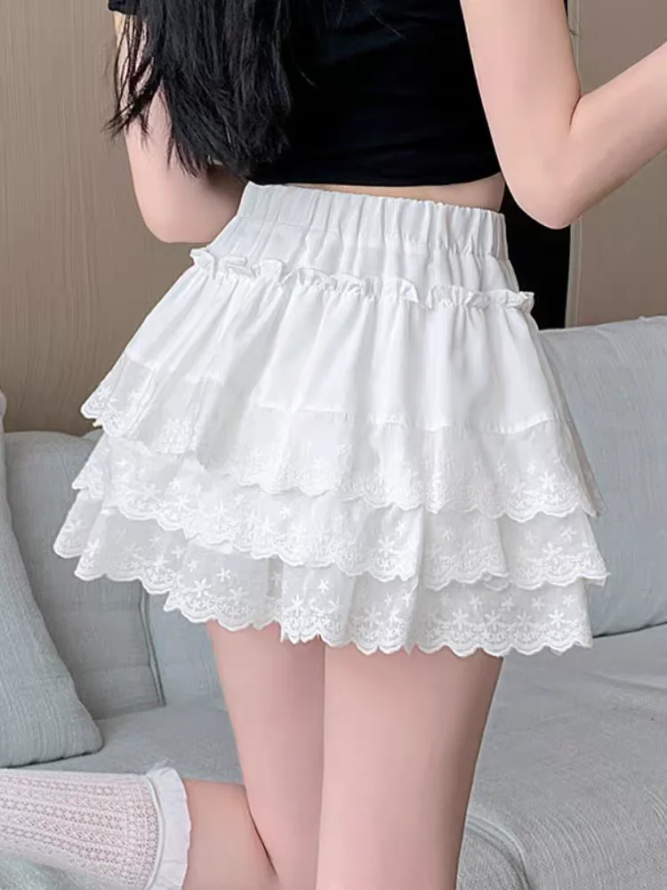 Y2K Lace Skirt 2026 Spring Summer New Arrival High Waist Tiered Ruffle Hem A-Line Flared Mini Skirt with Built-in Shorts