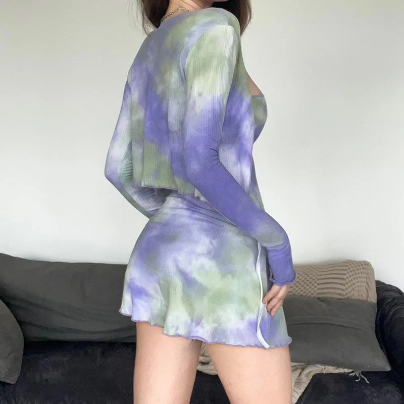 Tie Dye Print Camouflage Color Personality Dresign Perceptual Elegant Mature Coool Feminine Self-Cultivation Two-Piece Dress