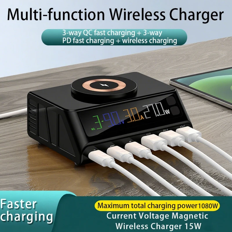 1080 واط USB C GaN شاحن شاشة ديجيتال 100 واط PD3.1 PPS QC3.0 محطة شحن لاسلكية مغناطيسية لأجهزة الكمبيوتر المحمول اللوحي جميع الهواتف