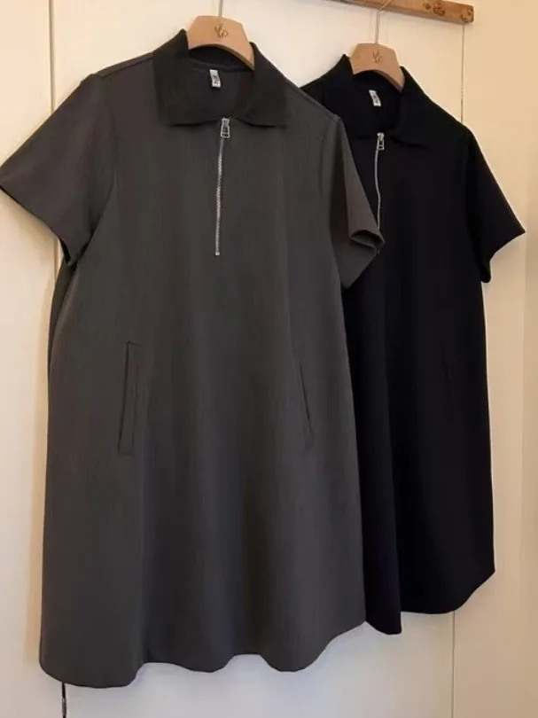 우아한 회색 폴로 넥 짧은 소매 드레스 여성 여름 새 스타일 빈티지 폴카 도트 미니 드레스 세련되고 세련된