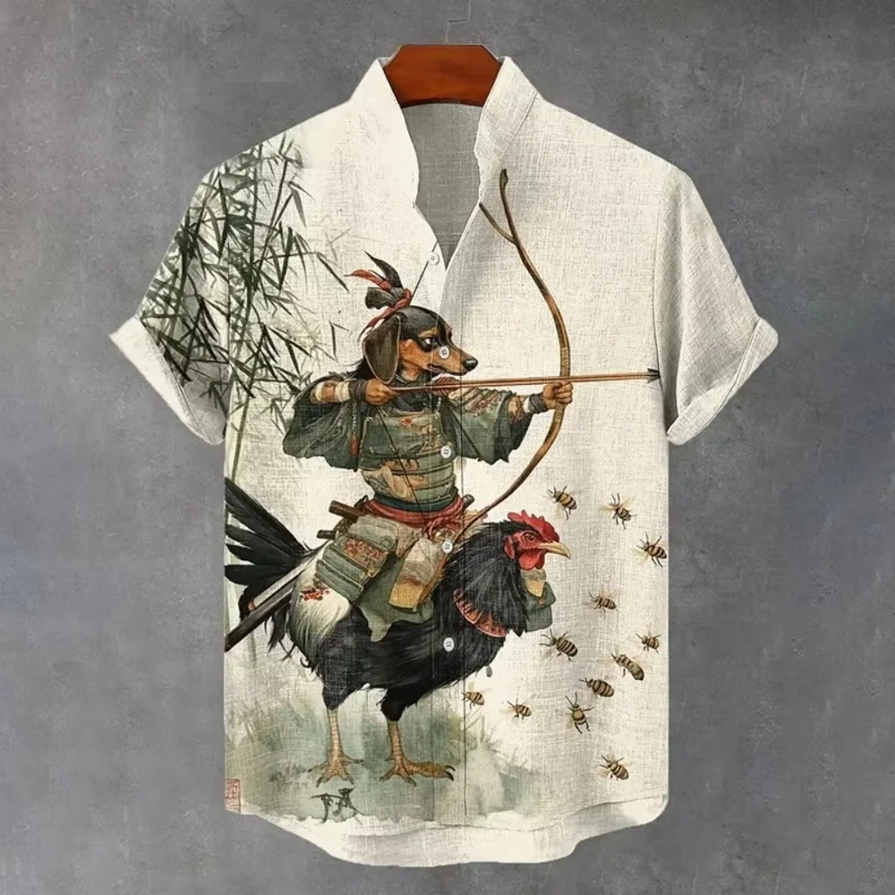 

Men Clothes Men's Dachshund Warrior Rides Cock and Shoots Bees Art Print Casual Shirt Vintage Short Sleeve Stand Collar Chic Top