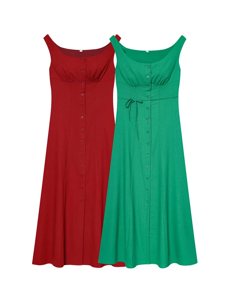 

HH Women Fashion O-Neck Single-breasted Sleeveless Dress Female Summer Temperament Bow Lace-up High Waist Slim Solid Long Dress