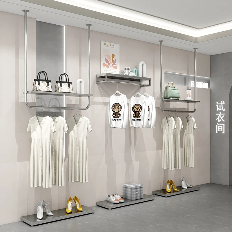 

Clothing store display rack Stainless steel wall-mounted hanging rod Women's clothing store ceiling hanging clothes rack display