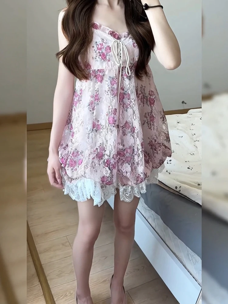 Doce floral impressão dr feminino verão 2025 nova renda emenda flor bud cinta ort saia cintura alta a linha dr