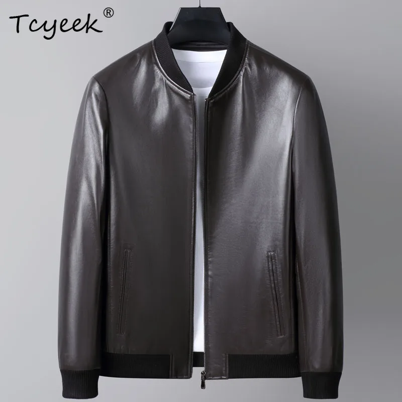 Tcyeek Real Leather Jacket Men 2026 Autumn Clothes Natural Sheepskin Baseball Coat Black Mens Coats Trendy Blouson Cuir Homme