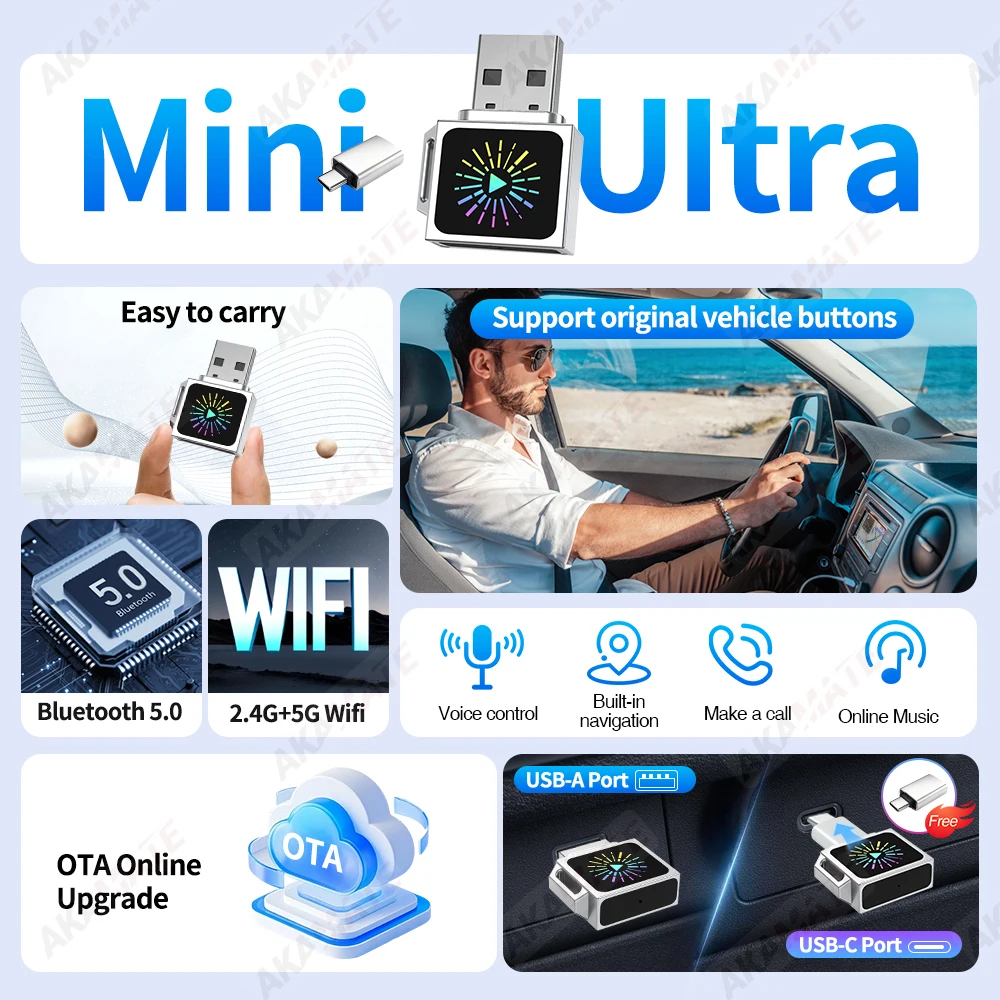 اللاسلكية CarPlay Android Auto Adapter التوصيل والتشغيل بلوتوث السلكية إلى CarPlay اللاسلكية Android Auto 2in1 Mini Ultra Dongle #3