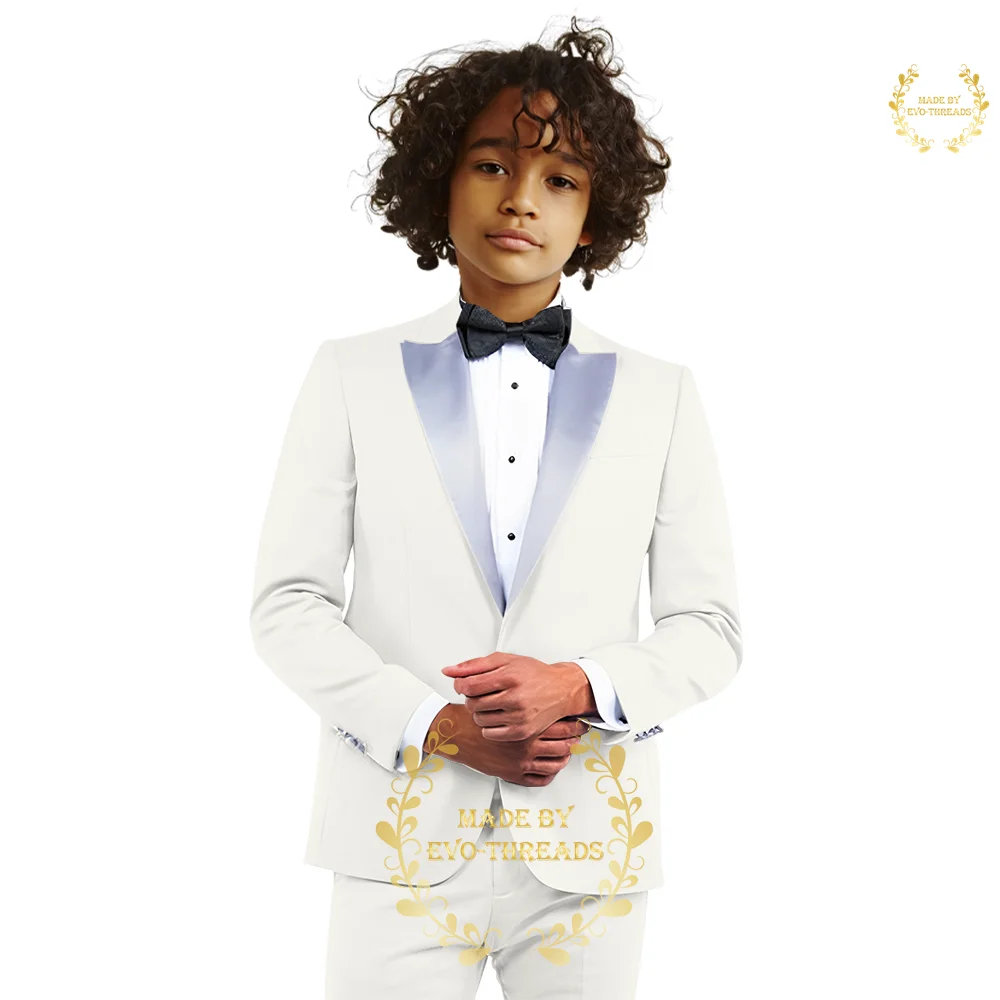 Ivory kids suit 2-piece (jacket+pants) silver satin peak lapel blazer for wedding performance ball birthday custom boy's tuxedo