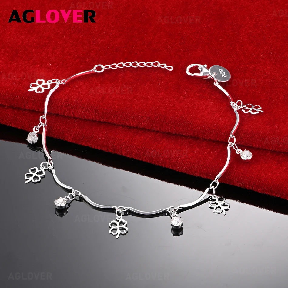 

AGLOVER 925 Sterling Silver Zircon Four-Leaf Clover Lucky Bracelet Women Charming Cute Holiday Gift Jewelry