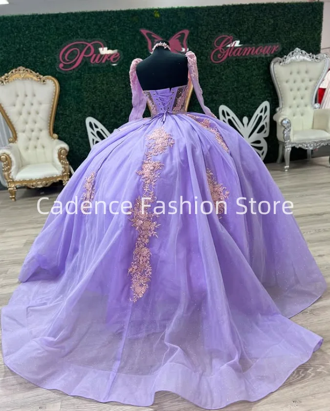 Personalizado elegante lilás roxo princesa manga longa espartilho quinceanera vestido de baile 15 anos festa de aniversário renda apliques