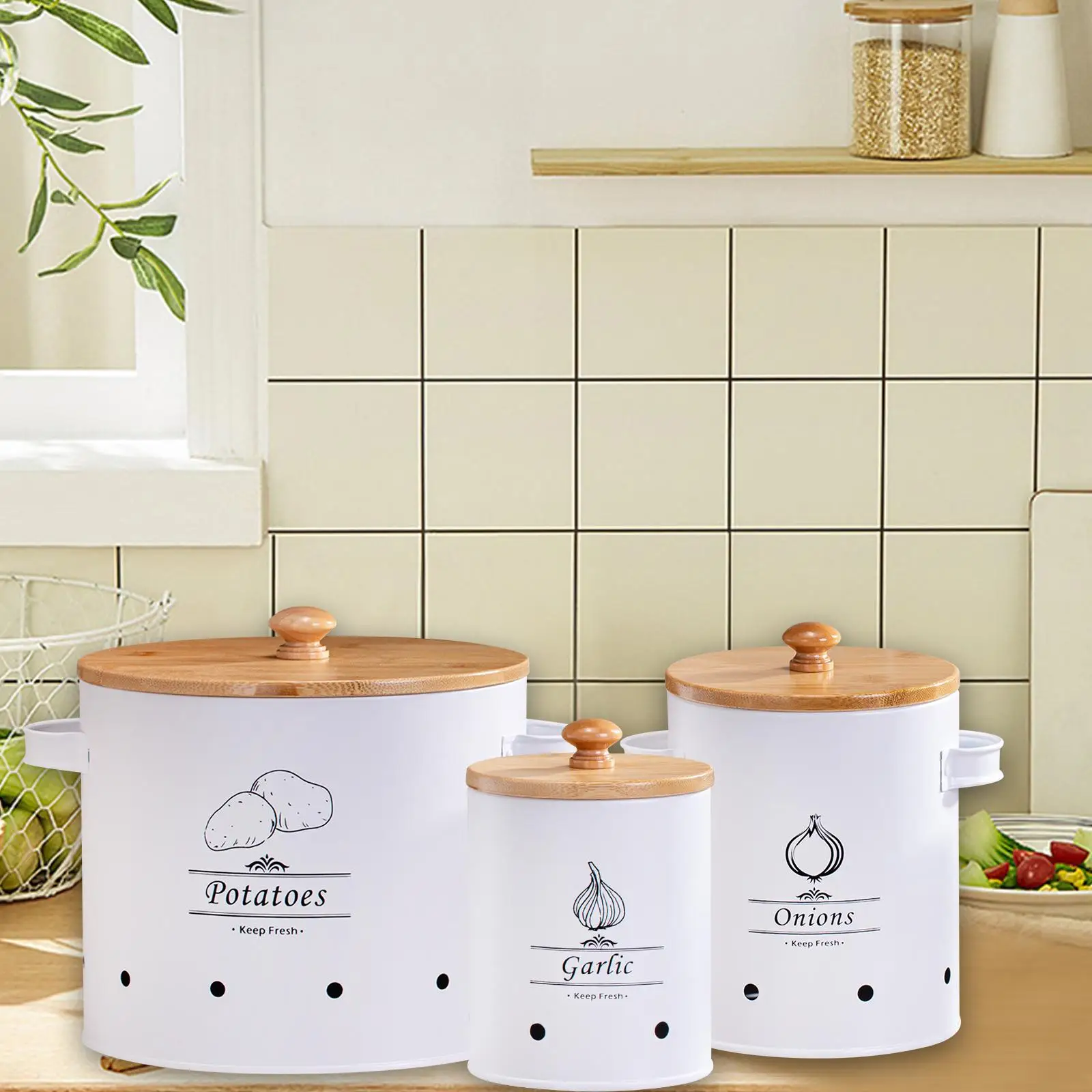 3Pcs Potato Onion Garlic Pot Pantry Organization Kitchen Storage Containers Fruit Pot Food Storage Container Tins with 2 Handles