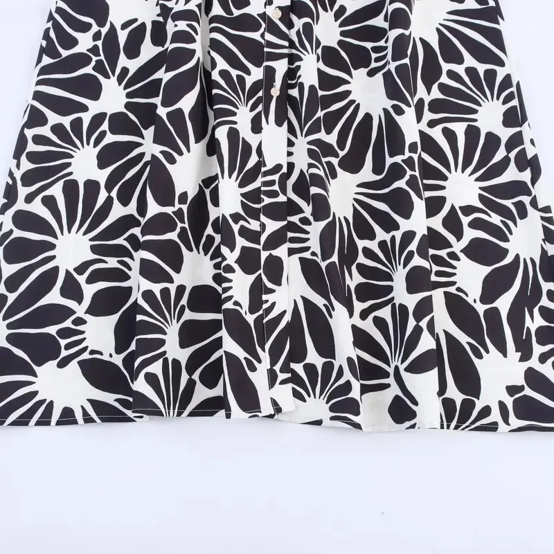 빈티지 플로럴 프린트 우아한 벨트 여성 라펠 버튼 드레스 반팔 패션 휴가 셔츠 드레스