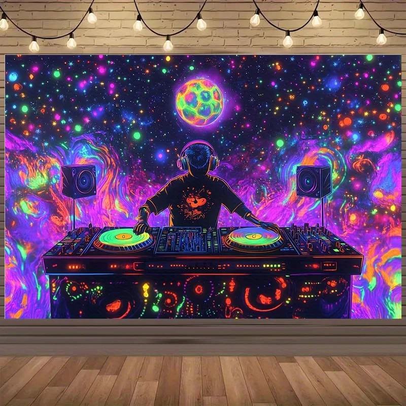 VIKAMA Psychedelic Universe DJ Tapestry Neon Planet Turntable Music Studio Gaming Room Trendy Living Room Decor
